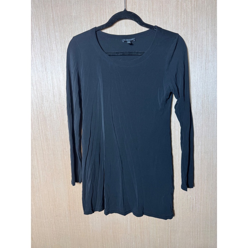 Eileen Fisher Petite PS Black 100% Silk Long Sleeve Scoop Neck Tunic Top Slits